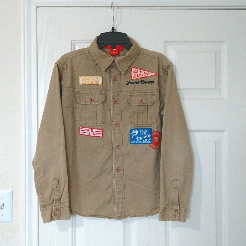Monta dragon  boys khaki green long sleeve patch shirt 11-12 yrs